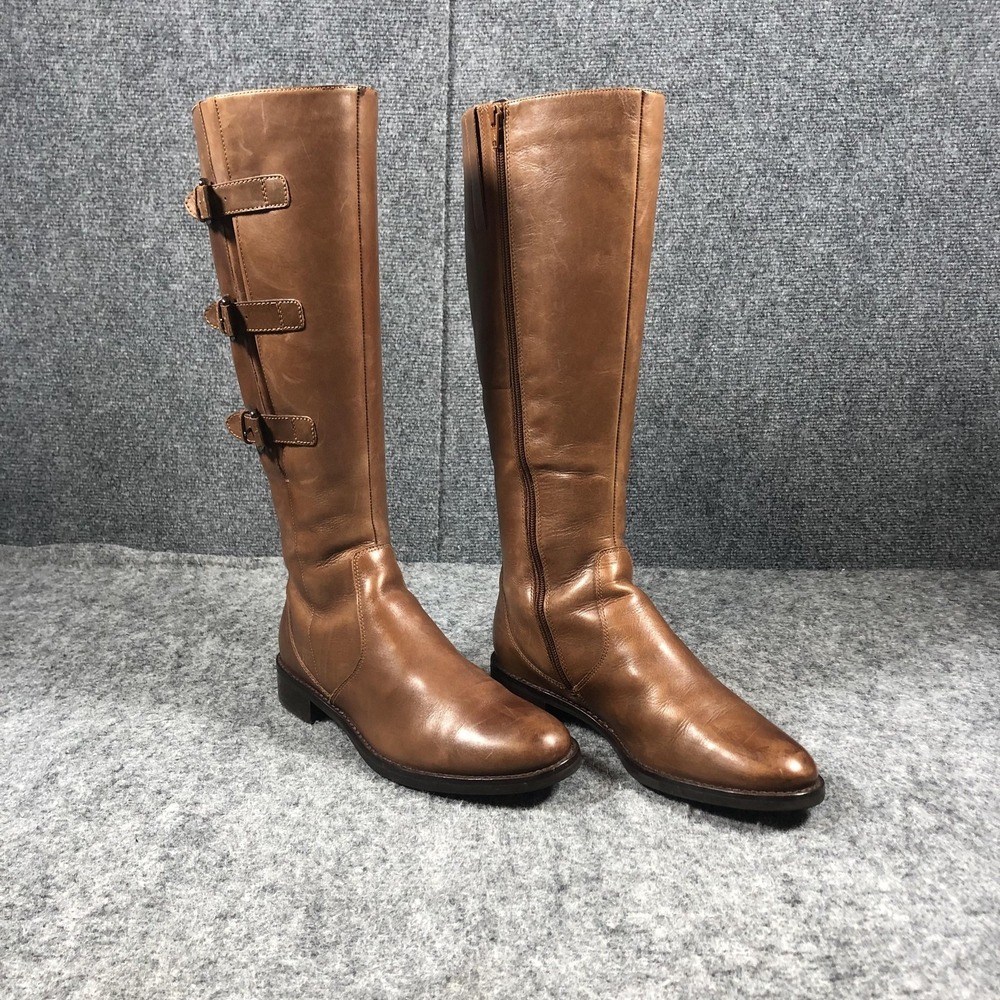 ECCO Riding Boots Womens 8-8.5 Brown Leather‎ Knee High Zip Buckle Low Heel Tall